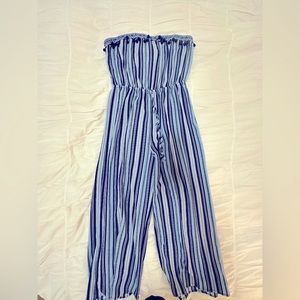 Blue and white striped jumpsuit
